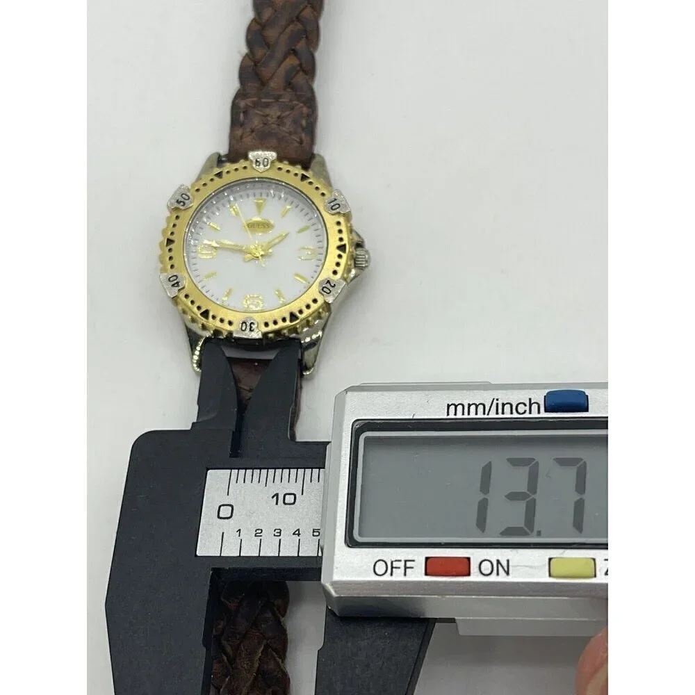 Vintage 1996 GUESS Women's Two-Tone Watch Brown Leather Braided Strap Japan Mvmt